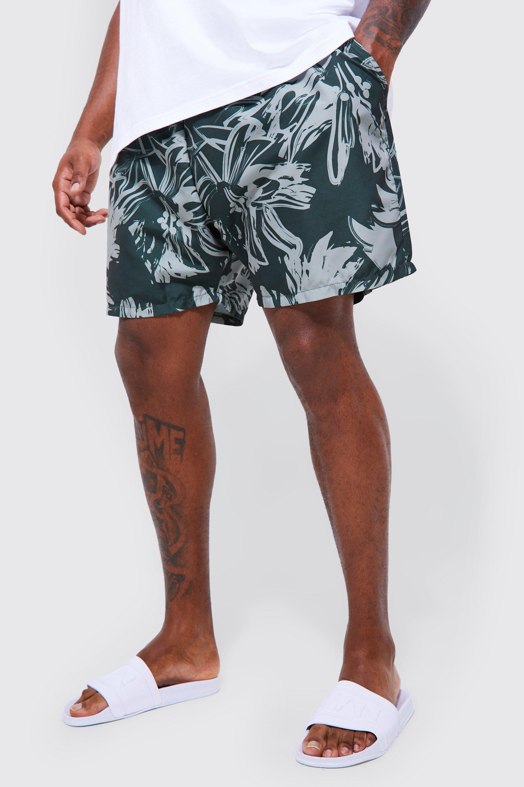 Mens Green Plus Mid Length Floral Swim Shorts, Green